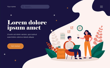 Freelancer with laptop working at home. Woman giving cup of hot drink to man flat vector illustration. Freelance, couple, relationship concept for banner, website design or landing web page
