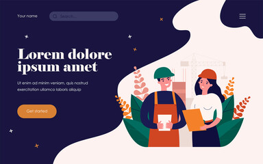Fototapeta premium Builder and engineer discussing building plan. Helmet, draft, crane flat vector illustration. Architecture and construction concept for banner, website design or landing web page