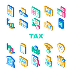 Tax Financial Payment For Income Icons Set Vector. Cryptocurrency And Real Estate House Tax, Gift And Every Dollar, Infographic And Online Pay, Jewelry And Car Isometric Sign Color Illustrations