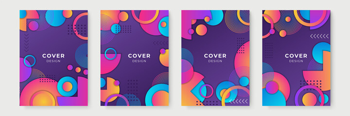 Abstract colorful vibrant color gradient geometric Memphis pattern background texture for poster cover design. Minimal color vector banner template with circles, square, triangle, dot, cross, stripes.