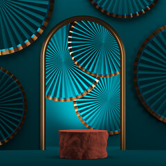 Orange wooden podium on mockup blue paper fan background. abstract background for presentation or ads. 3d rendering