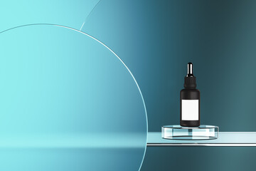 The dropper bottle on glass platform. abstract background for cosmetic presentation or ads. 3d...