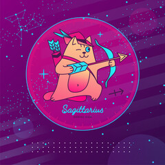 Modern magic witchcraft card with astrology Sagittarius zodiac sign. Cartoon zodiac sign. Funny cat