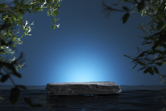 Black Stone Slab On Water And Highlight On Blue Background. Blur Plants Foreground. Mockup Background For Product Presentation Or Ads. 3d Rendering