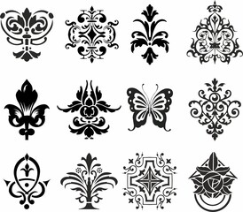 Vector set of patterned emblems. Various prints for tattoo and laser cutting. lace, flower and butterfly 