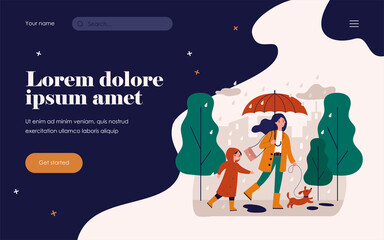 Happy mum walking in raining day with dog and son isolated flat vector illustration. Cartoon mother and child in raincoats with dachshund. Bad weather and downpour concept