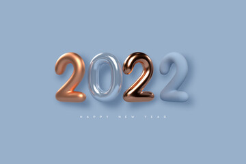 2022 New Year sign. 3d metallic golden or copper with blue numbers on blue background. Gold realistic 2022. Vector illustration.