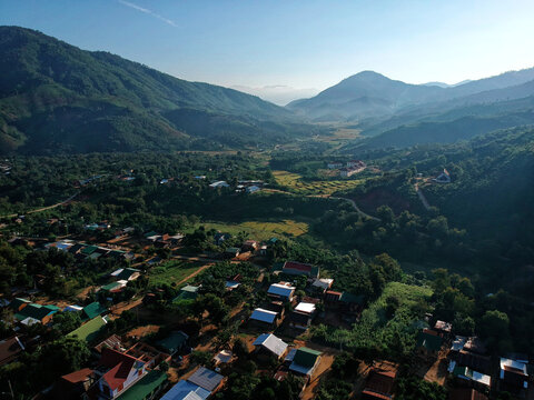 Photo taken from above mountains and fields one morning in LamDong