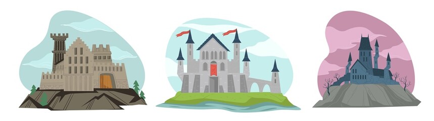 Gothic medieval castle with spikes and ribbons