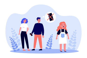 Angry parents taking phone from crying daughter as punishment. Dad not letting sad girl use smartphone flat vector illustration. Parenting, gadget addiction, discipline concept for website design