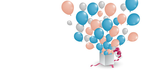 Pastel blue and pink balloons fly out of gift box on white background. For birthday, party or other promotion social media banners.