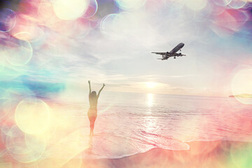 happy girl beach sea / girl in summer on the beach freedom wind wet hair, concept of summer vacation young beautiful girl