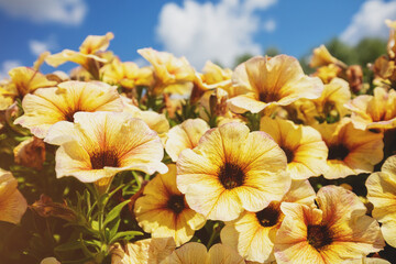 Vintage flowering yellow Petunia flowers. Floral nature background