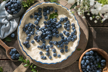 Homemade pastry blueberry  pie pies bakery products on dark wooden kitchen table . Traditional dessert on Independence Day. Flat lay food background. Top view © Maria