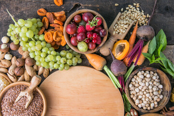 Natural ingredients or products as source vitamin E, B2, K, minerals and dietary fiber, healthy nutrition concept