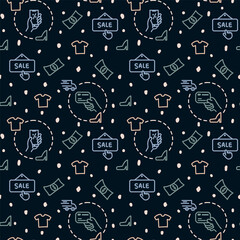 Pattern Payment in the online store. A background for textiles or a substrate with money and clothes. The concept of buying and paying online. Vector illustration