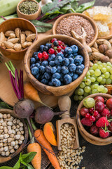 Ingredients containing vitamin E, natural minerals and dietary fiber, healthy nutrition concept