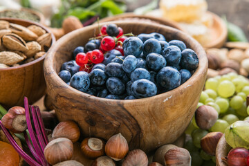 Ingredients containing vitamin E, natural minerals and dietary fiber, healthy nutrition concept