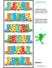 Fototapeta premium Visual logic puzzle: Match the pairs - find the exact mirrored copy for every row of colorful gumboots. Answer included. 