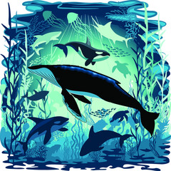 Naklejka premium Sealife Blue Shades Dream Underwater Scenery Vector Art Background