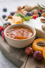 Charcuterie board. Cheese platter. Assortment of tasty appetizers or antipasti. Top view. Copy space.