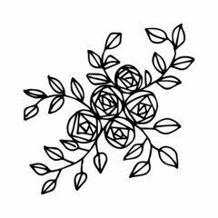 Hand drawing flower arrangement in doodle or sketch style, vector graphics, black and white image. For the design of posters, cards, cards, coloring pages.