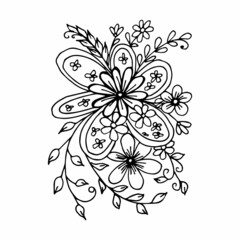 Hand drawn flower arrangement in the style of doodle or sketch, vector graphics, black and white image. For the design of posters, cards, postcards.