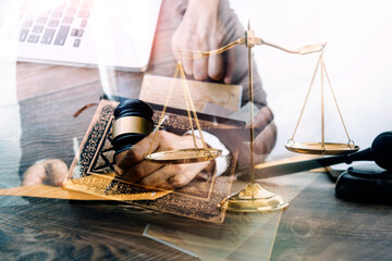 Business and lawyers discussing contract papers with brass scale on desk in office. Law, legal...