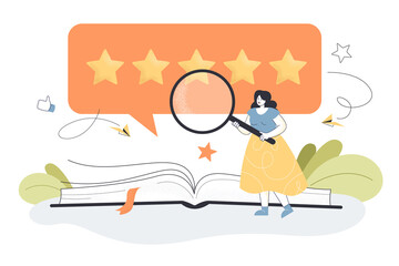 Tiny female person with magnifier giving book good review. Girl reading book for research, analysis of service quality flat vector illustration. Literature, feedback, satisfaction rating concept
