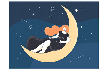 Obraz na płótnie Canvas Drawing of female person sleeping on moon at night. Calm girl relaxing, REM or deep sleep, good dream flat vector illustration. Relaxation, bedtime concept for banner, website design or landing page