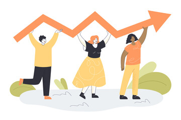 Tiny business persons holding arrow together. Professional development scene, job progress flat vector illustration. Success, teamwork, career growth concept for banner, website design or landing page