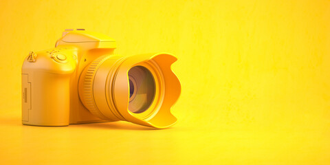 Yellow DSLR photo camera on yellow background. - obrazy, fototapety, plakaty