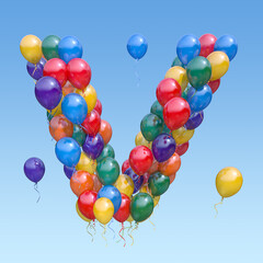 Letter V from balloons in the sky. Text letter for holiday, birthday, celebration.