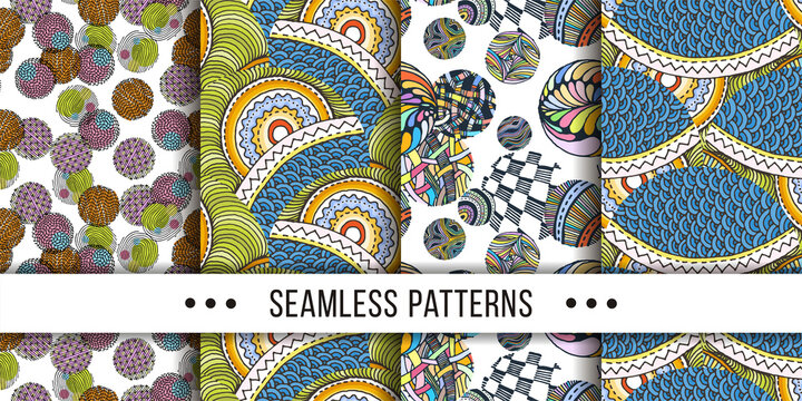 Set of samless ornate, doodle hand-drawn abstract patterns. Ink sketch texture, rough hatching drawing image