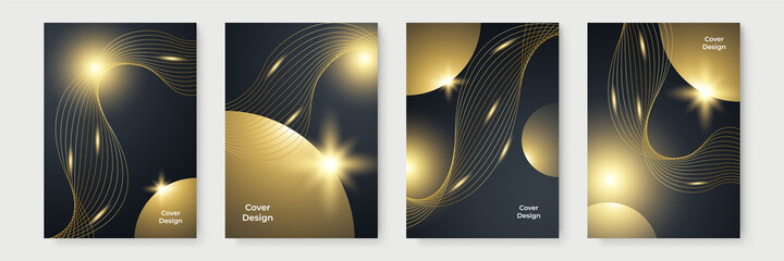 Abstract gold and black cover background. Modern black stripe cover design set. Luxury creative gold dynamic line pattern. Formal premium vector background for business brochure, poster, and menu