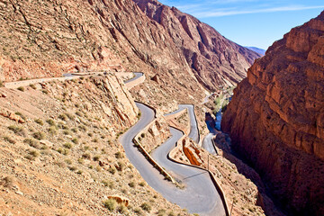 The twisting road winding down the gorge to the Oued Dades below, near Boumalne Dades, Morocco.