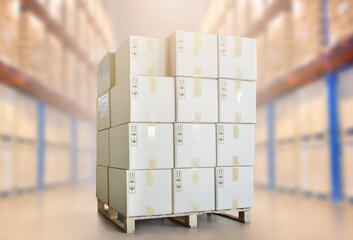 Stack of Package Boxes on Pallet at Storage Warehouse. Packaging, Cardboard Boxes, Storehouse, Shipping Warehouse Logistics.
