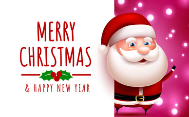 Fototapeta na wymiar Christmas santa vector template design. Merry christmas text in empty white space with happy waving santa claus character for xmas holiday greeting card. Vector illustration. 