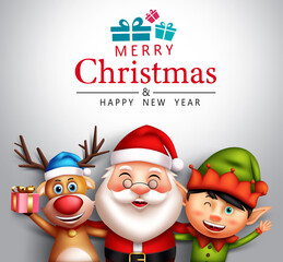 Merry christmas characters vector design. Merry christmas greeting text with santa claus, elf and reindeer friends character for xmas holiday season design. Vector illustration.
