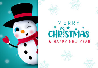 Christmas snowman vector template design. Merry christmas text in white empty space with waving snow man character for xmas messages greeting card. Vector illustration.
