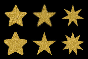 Fototapeta na wymiar Set Of Gold Stars Isolated On Black Background. Winner Badge. Quality Icon. Abstract Golden Glitter Texture. Vector Illustration, Eps 10. 