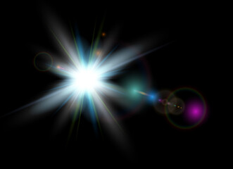 Sun with lens flare on black background, glowing star with colorful bokeh vector illustration.
