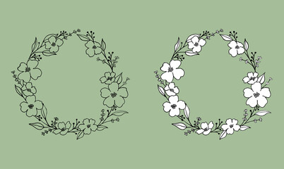 Hand drawn anemone flowers, leaves and lavender wreath in cute doodle style. Luxury vector llustration for postcard, wedding invitations, birthday, print, thank you card. Copy space for text. Monogram