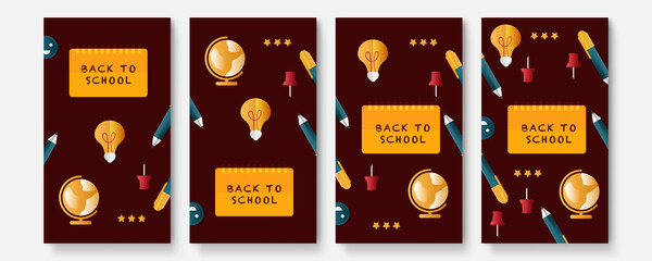 Back to School Background Banner with School Supplies Like Notebook, Pen, Pencil, Colors, Ruler, Magnifying Glass, Eraser, Paper Clip, Sharpener, Alarm Clock and Paint. Social Media Template