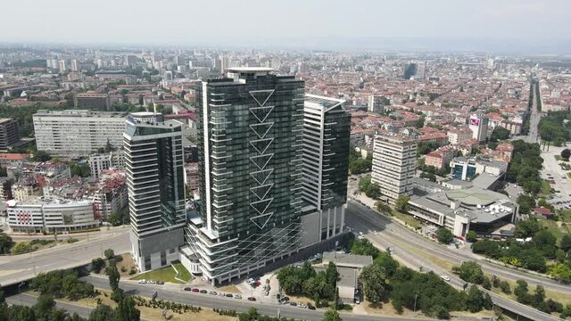 Amazing Aerial view of city of Sofia near National Palace of Culture, Bulgaria