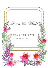 Watercolor frame, Eucalyptus leaves,wedding postcard, invitation, frame bouquet of flowers.Geometry frame decorated with  flowers. Wedding decor invitations. Watercolor illustration.Square floral .