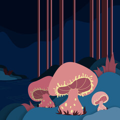 Banner with fantasy magic plants or mushrooms cartoon vector illustration. Dark fantasy magic mushroom on a square background