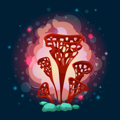 Mushrooms. Magic drawings with mushrooms. On a dark background, flares and twinkling stars. A beautiful, mysterious sticker. For print and web pages