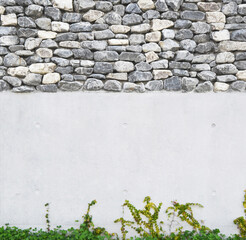 Stone and concrete walls and green plants growing at their feet.Backdrop of masonry and concrete wall with plants crawling on the wall