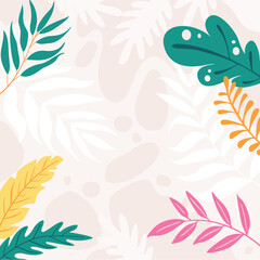 Fototapeta na wymiar Summer templates for promo posts on social media networks. Colorful summer banner set with tropical leaves. Colorful background with tropical plants. Place for your text.